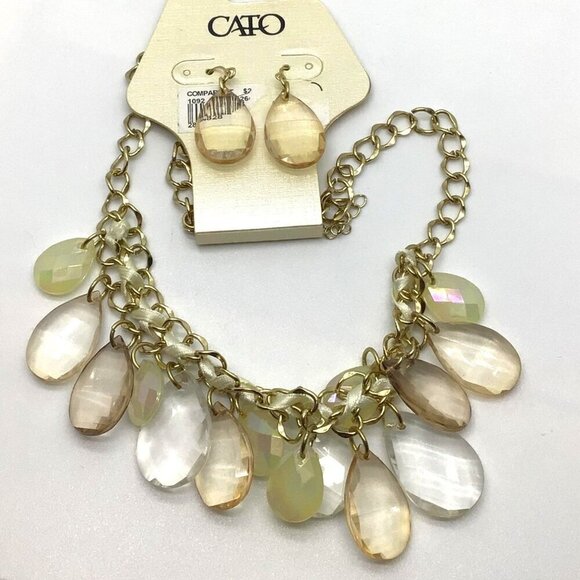 Statement Necklace Teardrop Fringe Gold Tone Adjustable Length Matching Earrings - Picture 2 of 2